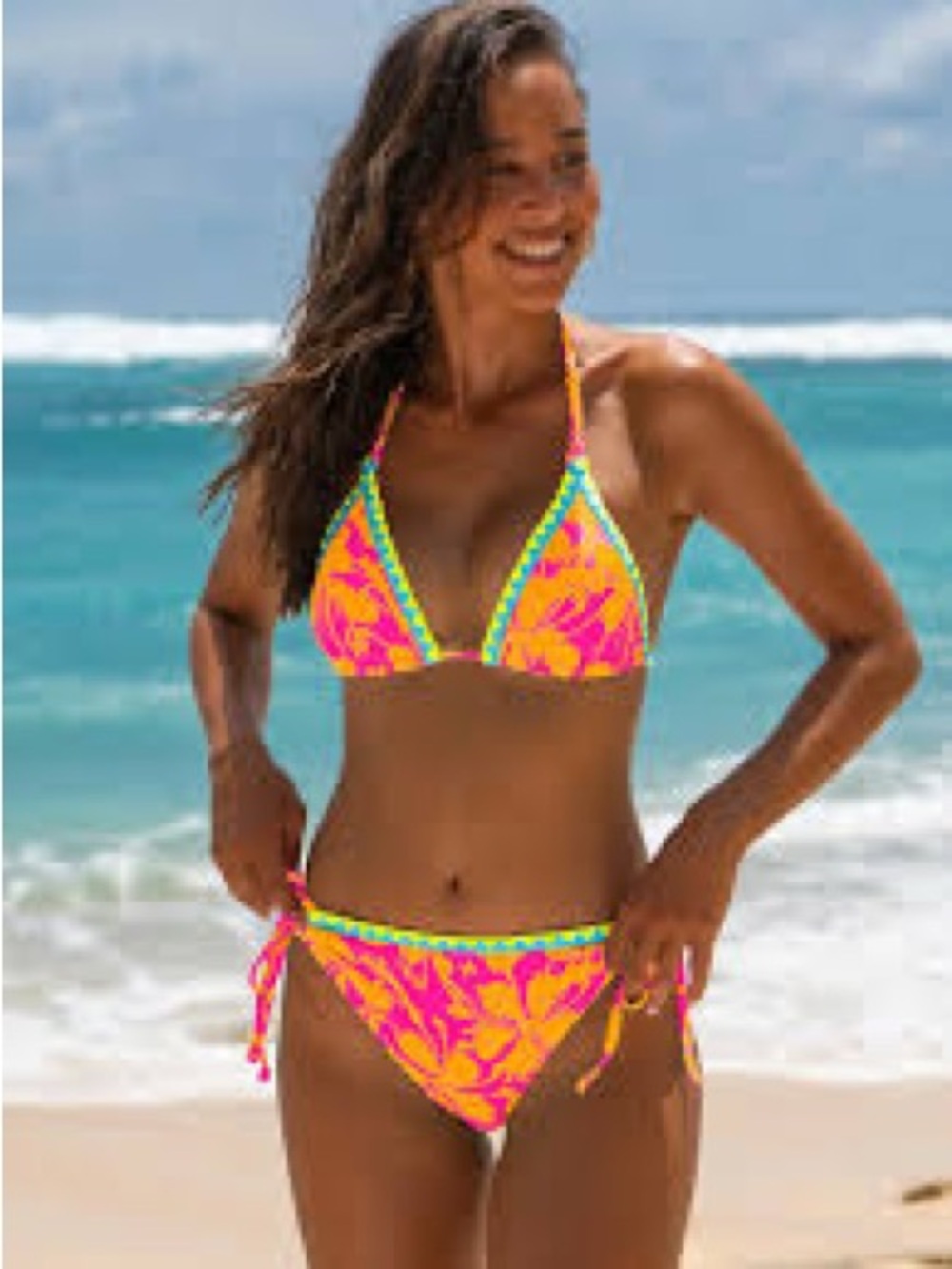 Popvil Neon Floral Tie-Side Bikini Set - Pink & Yellow